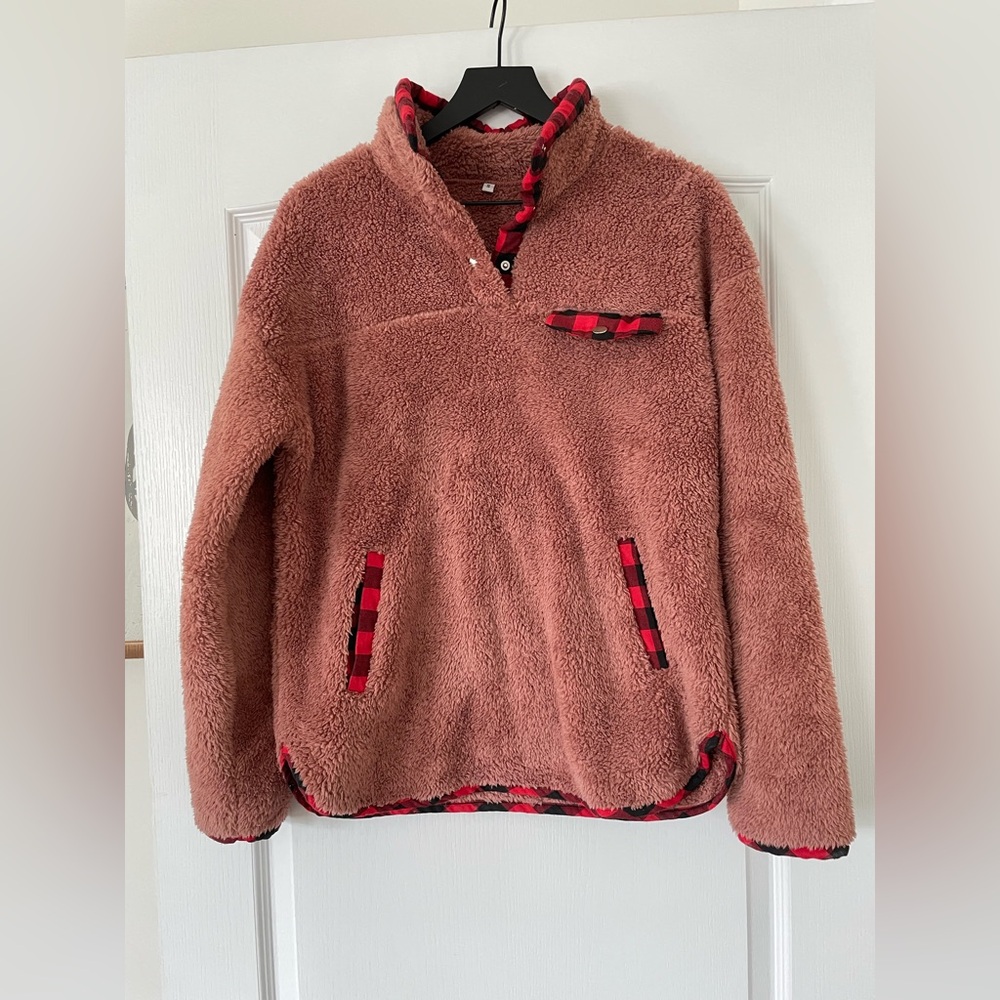 Buffalo Plaid Fluffy Fleece Quarter button Pullover with Pockets - Size Small